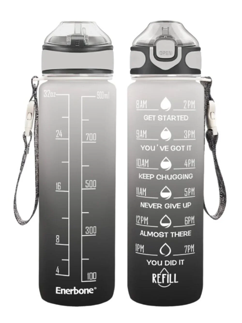 Enerbone 32 oz Motivational Drinking Water Bottle Ombre Gray Black, NWOT